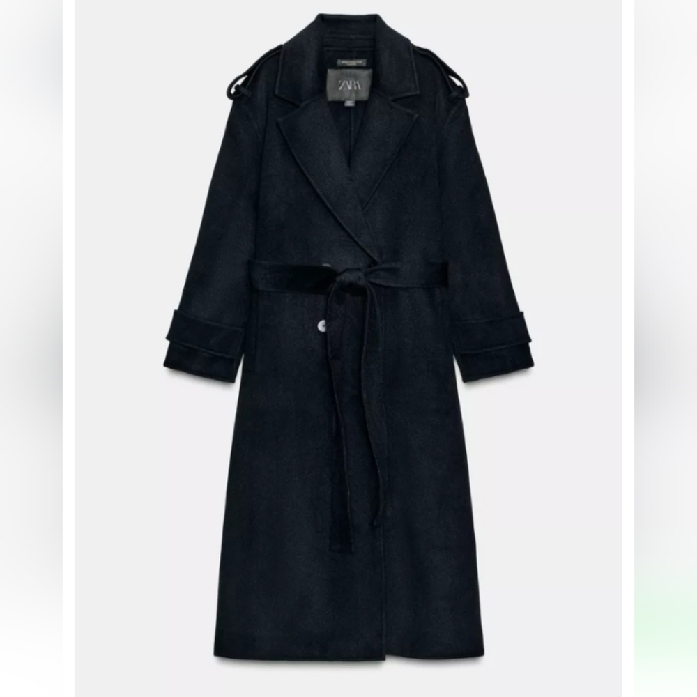 Zara Zw Collection Limited Edition Wool Blend Dark Navy Trench Coat Sz-XS